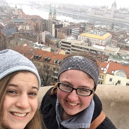 Leah and Christine with Budapest Parliament building in background