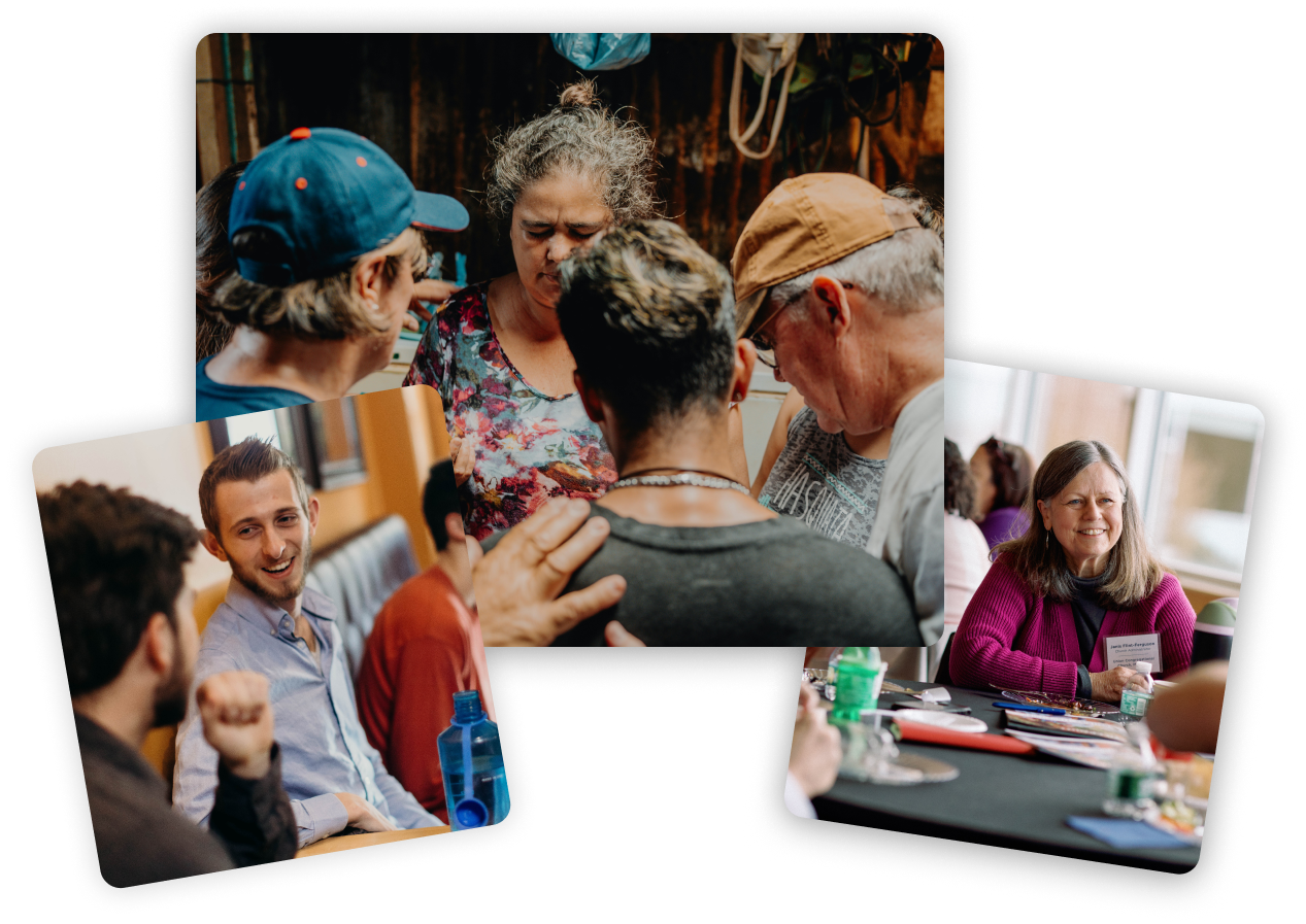 Three photos of different students talking and presenting during class at the masters of public health program at Gordon College.