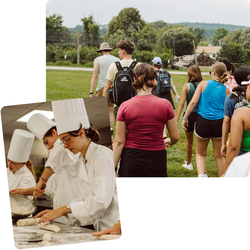 Image of students cooking and walking in a field