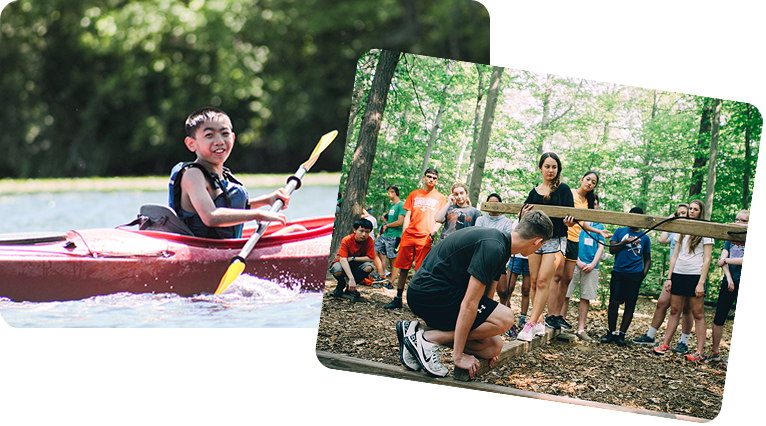 kids at camp: kayaking and participating in a ropes course