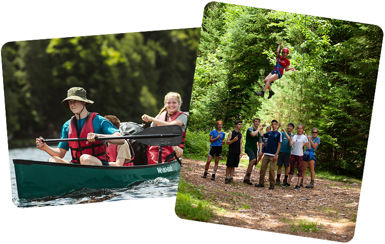 kids at camp: canoeing and having fun on a ropes course